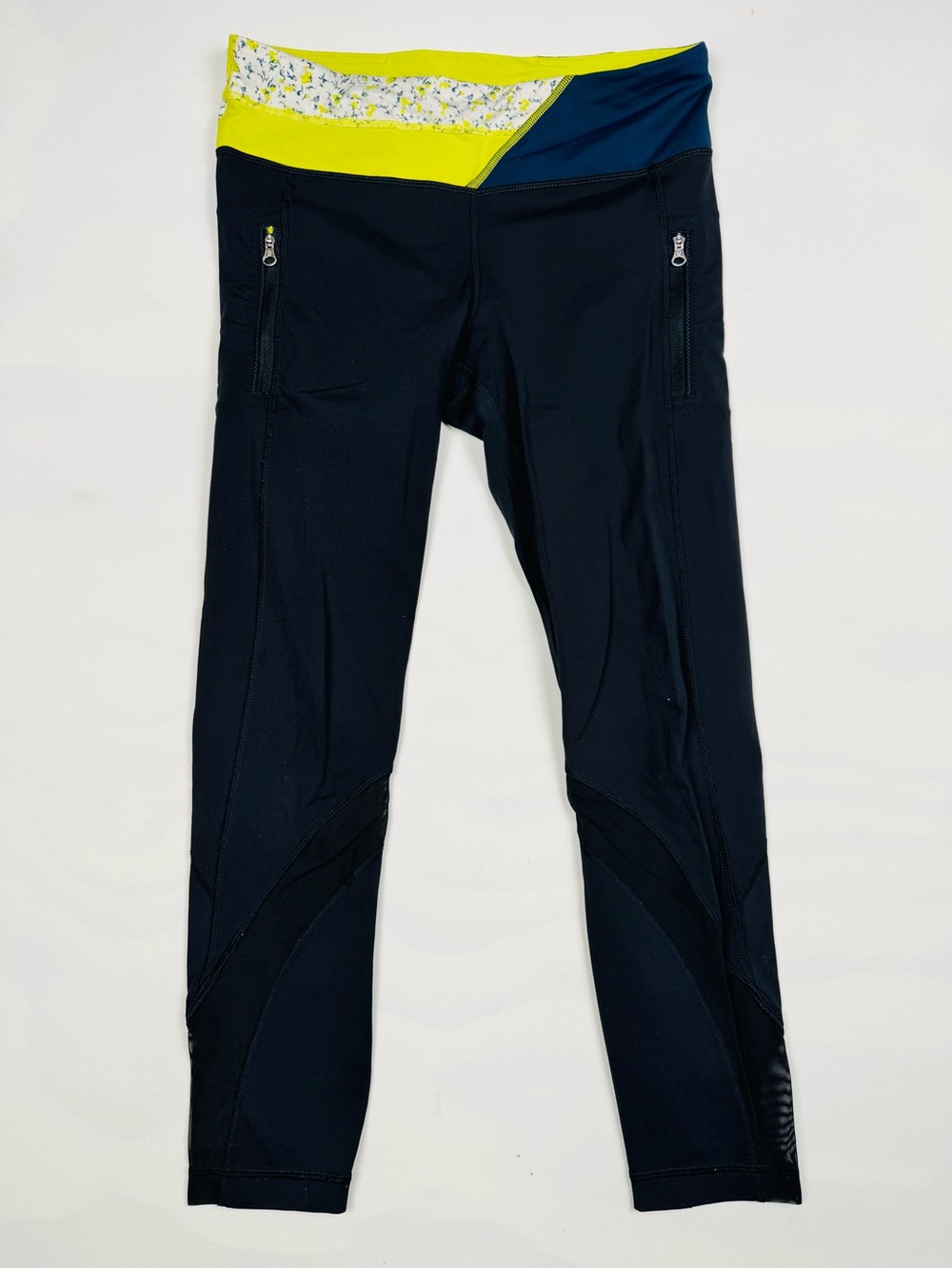 Lululemon Run Inspire II Crop Leggings Black Mesh Yellow Floral Women’s 8